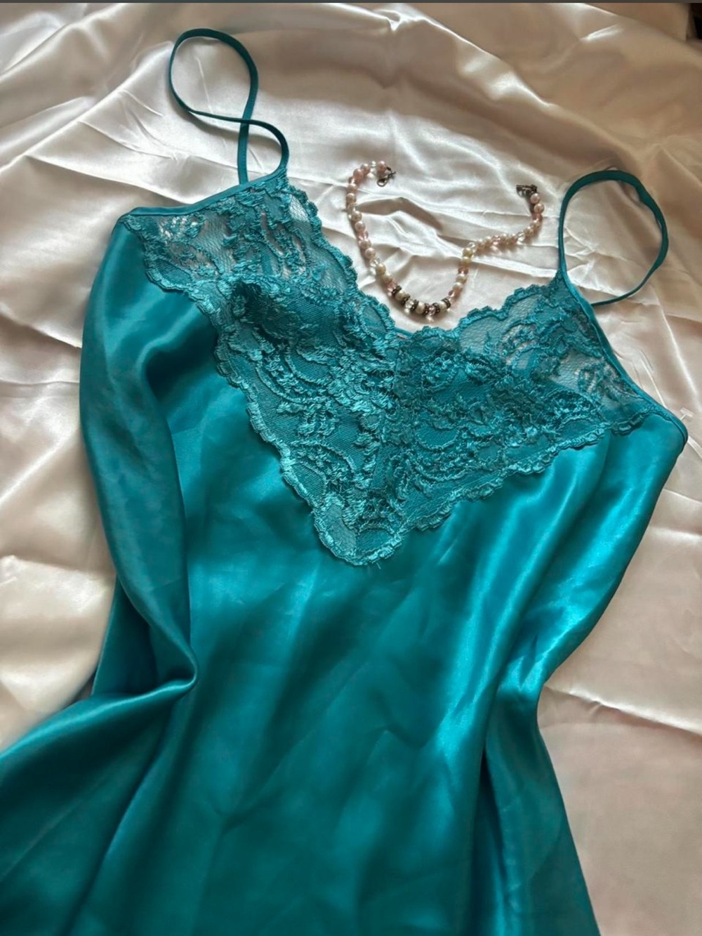 Women's Teal Satin Lace Chemise Slip - Picture 2 of 4
